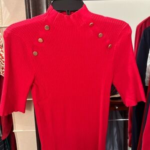 LOFT Vibrant Red Ribbed Knit Top with gold buttons sz M